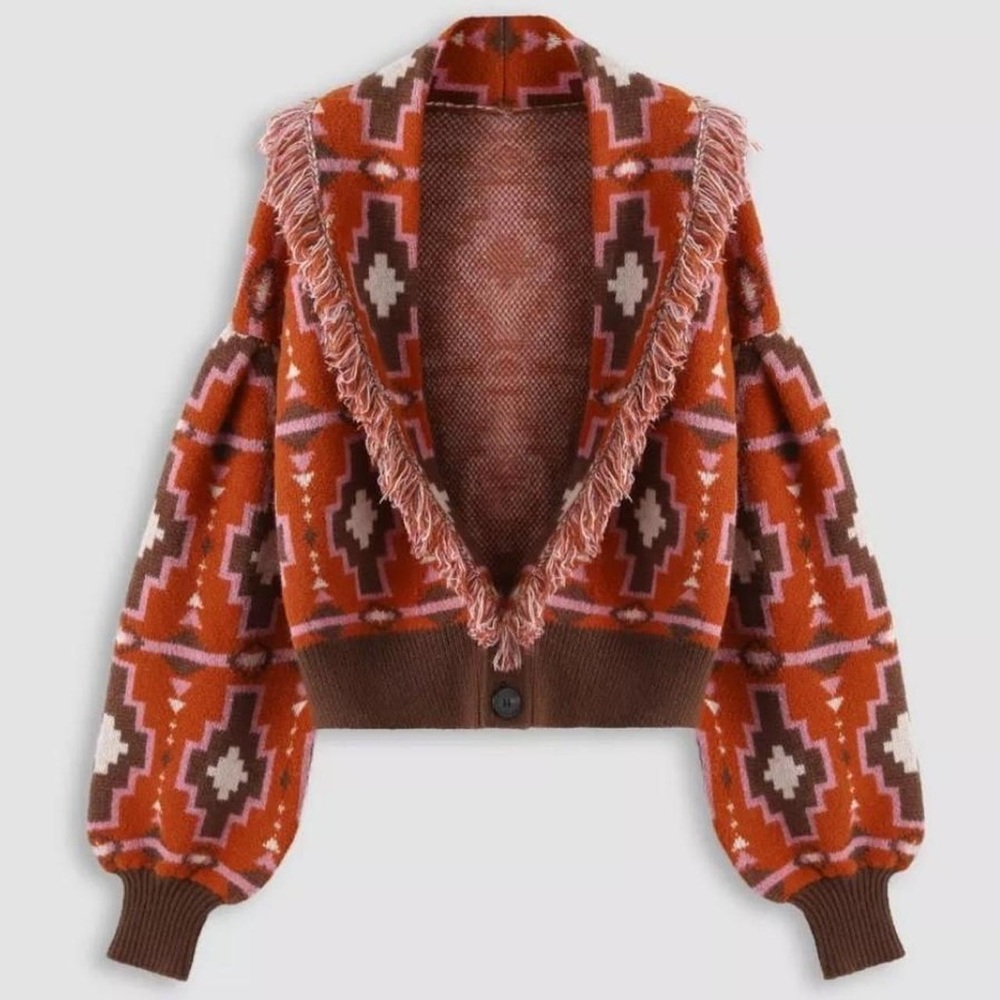 NWOT Cider Boho Sweater With Tassels, size L, Aztec Knit Cardigan Orange
